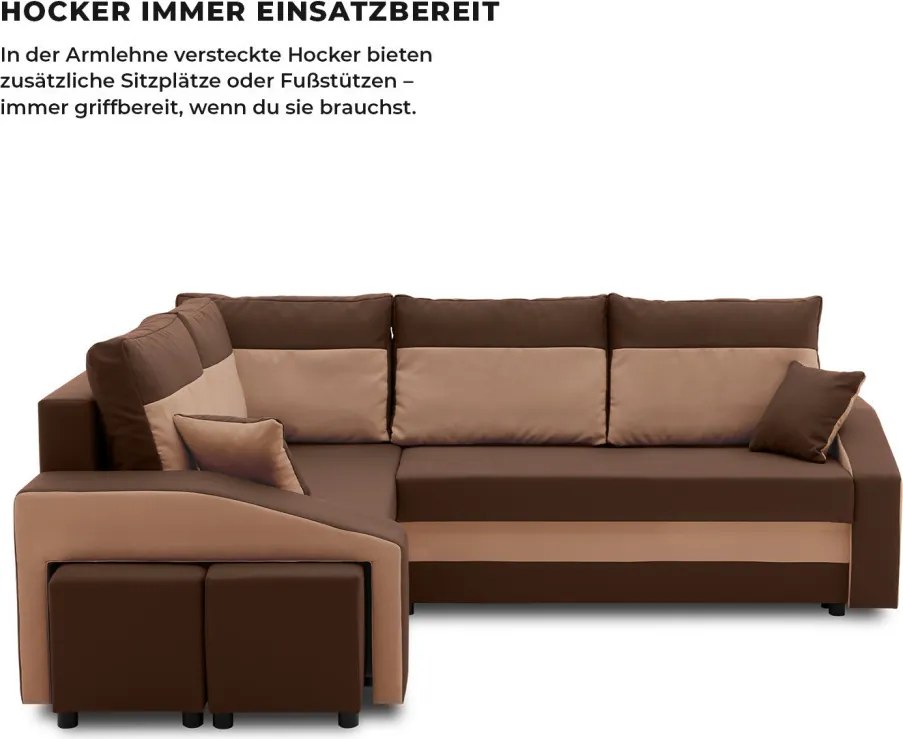 Grande sarokkanapé polcokkal és puffokkal , polc a jobb karfaban puffok a bal karfaban, baloldali, szövet anyag, bonell töltet, barna