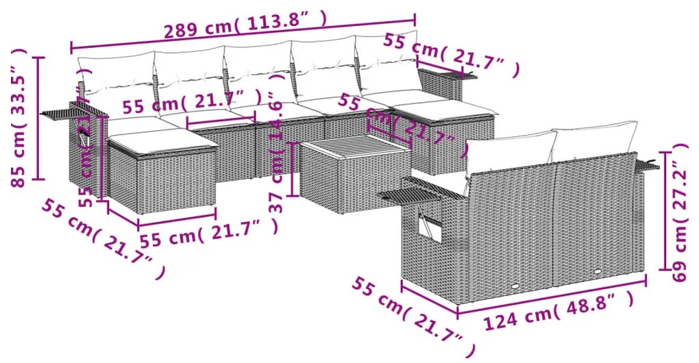 10 részes szürke polyrattan kerti ülőgarnitúra párnákkal