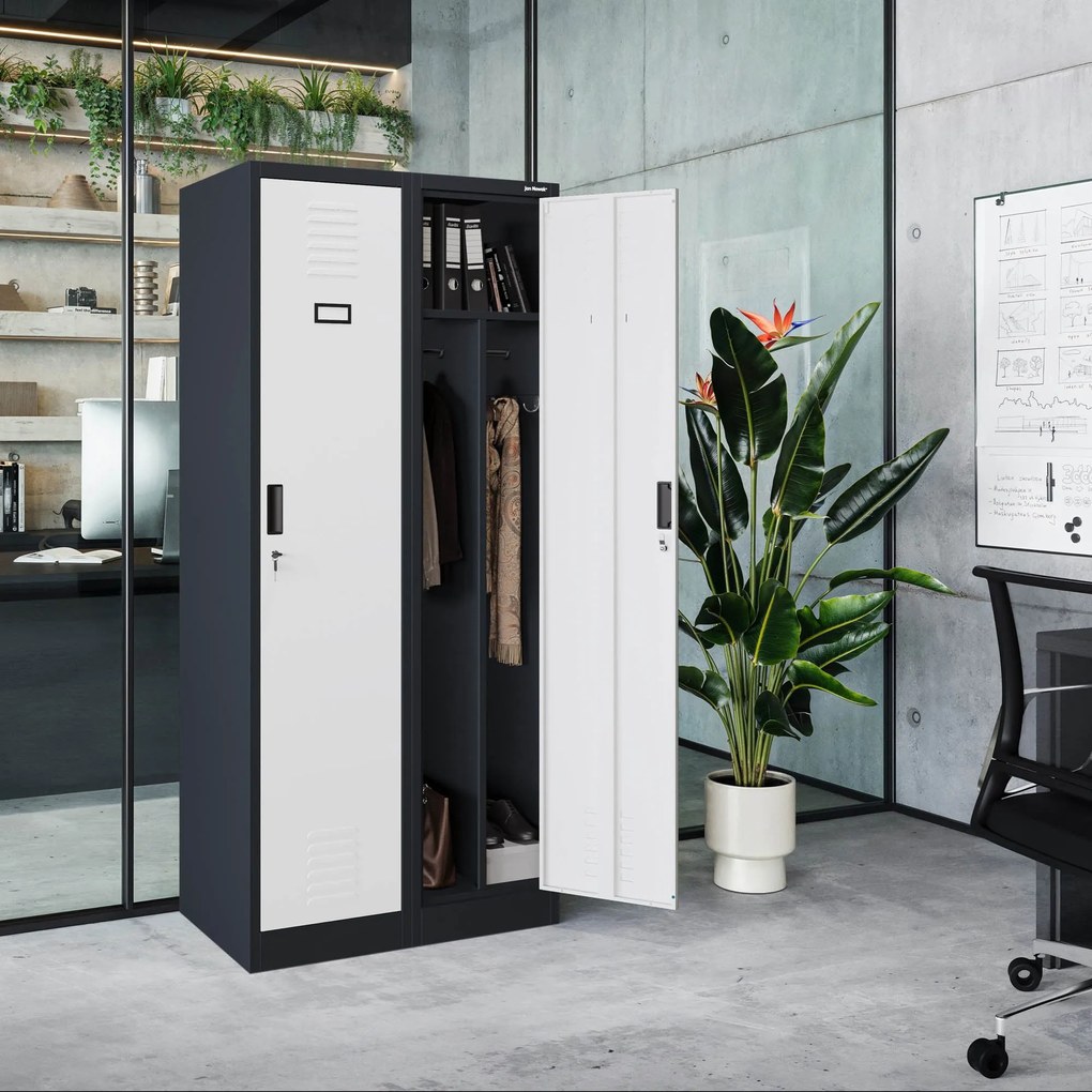 Pléh öltözőszekrény talpazaton, kétmodulos, polccal és köztes fallal KACPER, 800 x 1800 x 500 mm, antracit-fehér