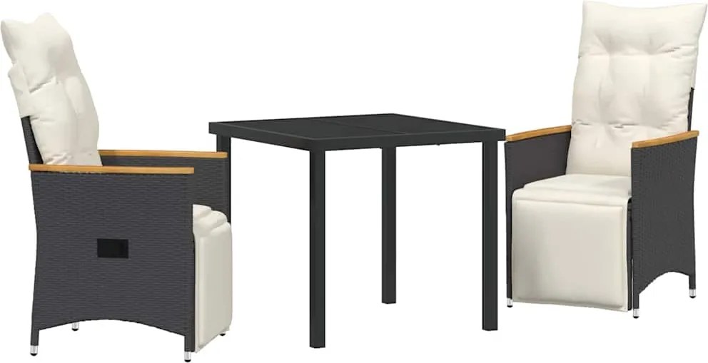 vidaXL Kert étkező szett párnával 3 pcs Fekete polirattan