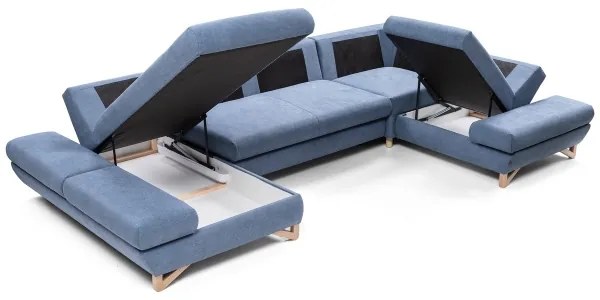 AVESTA kék, kihúzható U-alakú kárpitozott sarokülőgarnitúra tárolóhellyel