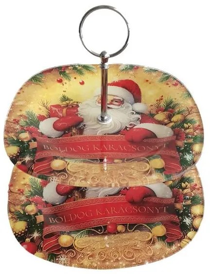 karácsonyi üveg két emeletes süteményes állvány Télapós