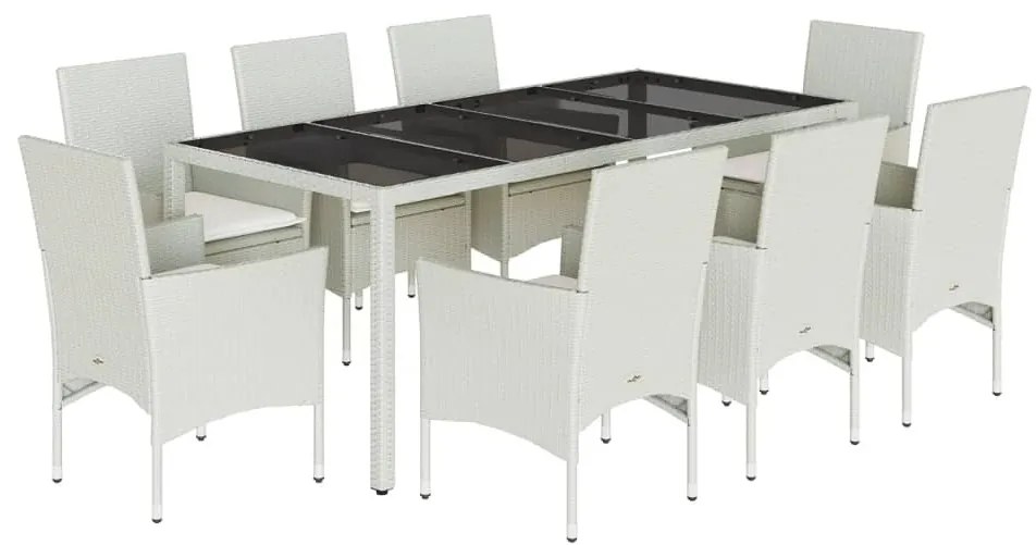 9 részes fehér polyrattan/üveg kerti étkezőgarnitúra párnákkal