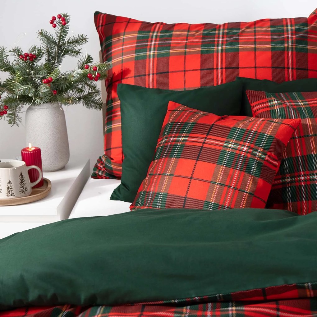 Goldea pamut ágyneműhuzat duo - piros kockás, sötétzöld hátoldal 140 x 220 és 70 x 90 cm