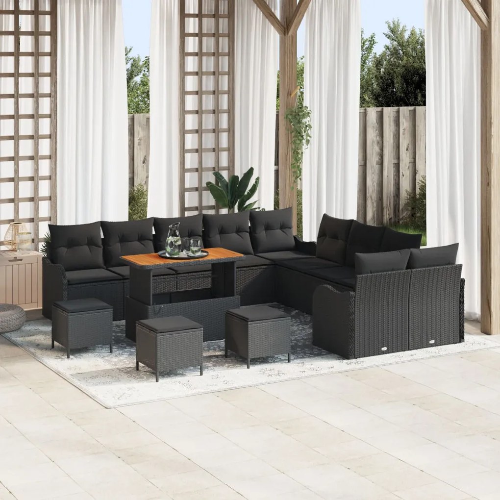 13 Darabos Kert Sofa Szett Párnákkal Fekete Poli Rattan Akác, 2-Fős Kert Sofa Tárolóval &amp; Párnákkal Fekete Poli Rattan, 3 Darabos Kerti Étkezős Szett Párnákkal Fekete Poli Rattan Akác