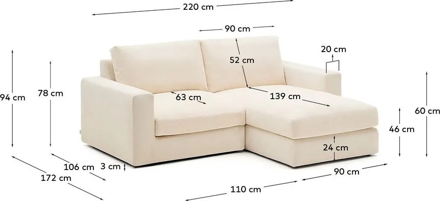 Bézs zsenília sarokkanapé (jobb oldali-heverő résszel) Alea – Kave Home