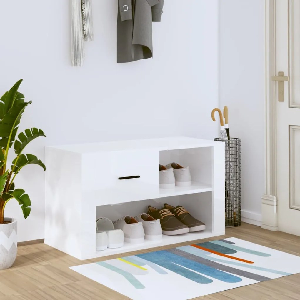 magasfényű fehér szerelt fa cipőszekrény 80 x 35 x 45 cm