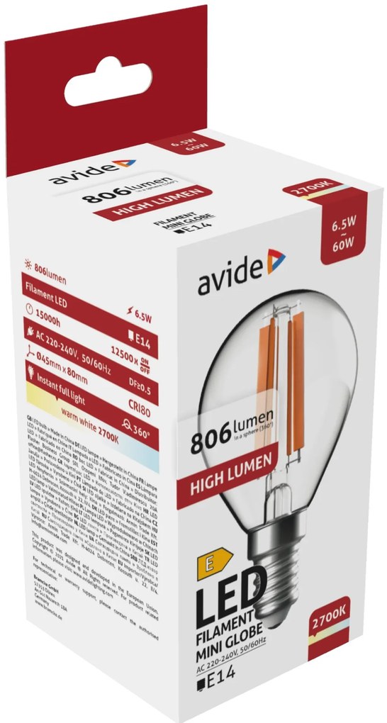 Avide LED Filament Mini Globe 6.5W E14 WW 806LM 2700K High Lumen