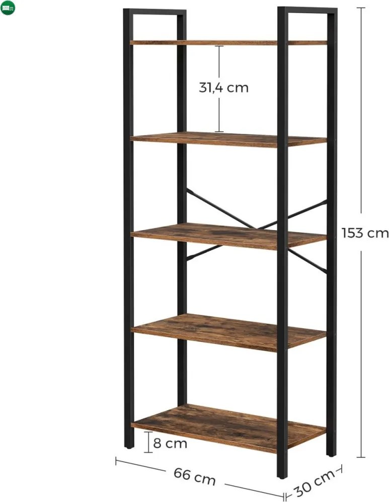 Könyvespolc, álló polc, rusztikus barna 66x30x153cm