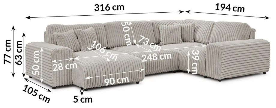 Világosszürke kordbársony sarokkanapé (jobb oldali-U alakú) Justin – Ropez