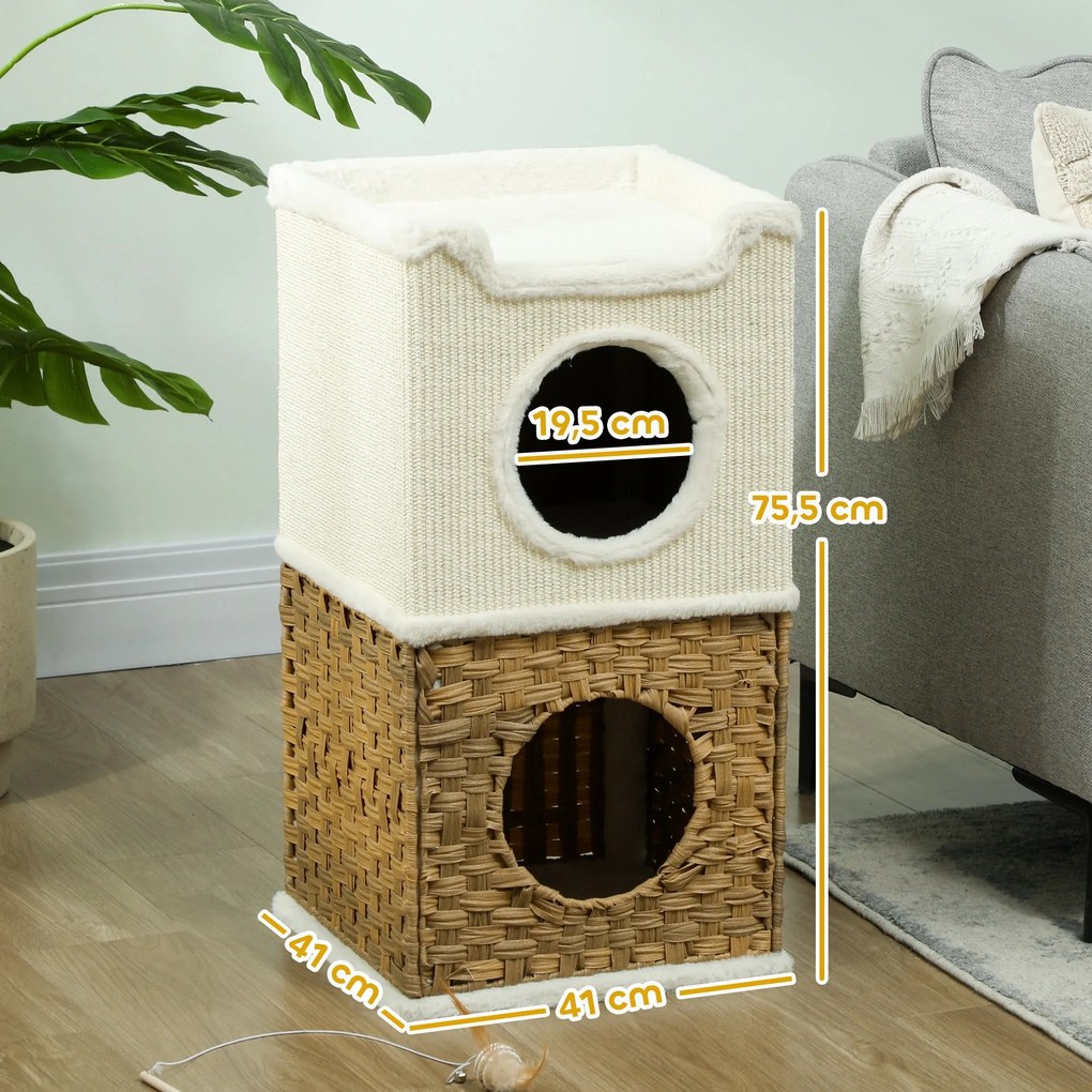 PawHut Benti Macska Niche 3 Szintes Macska Torony Nyitott Felülettel, Zsákos Kaparóhenger Kiskedvenceknek 6 kg-ig, 41 x 41 x 75,5 cm, Krém | Aosom