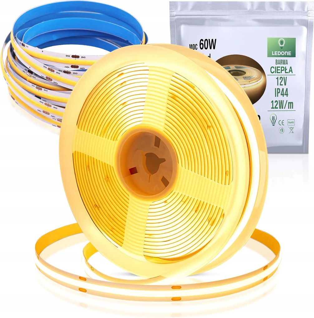 Cob Led Szalag 12V 12w/m ip44 Neon Meleg 5m Vonalas