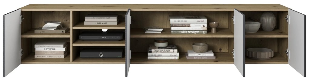 Asha függesztett TV szekrény 200 cm riflázott frontokkal, nyitott fülkével – artisan tölgy / rivier stone matt