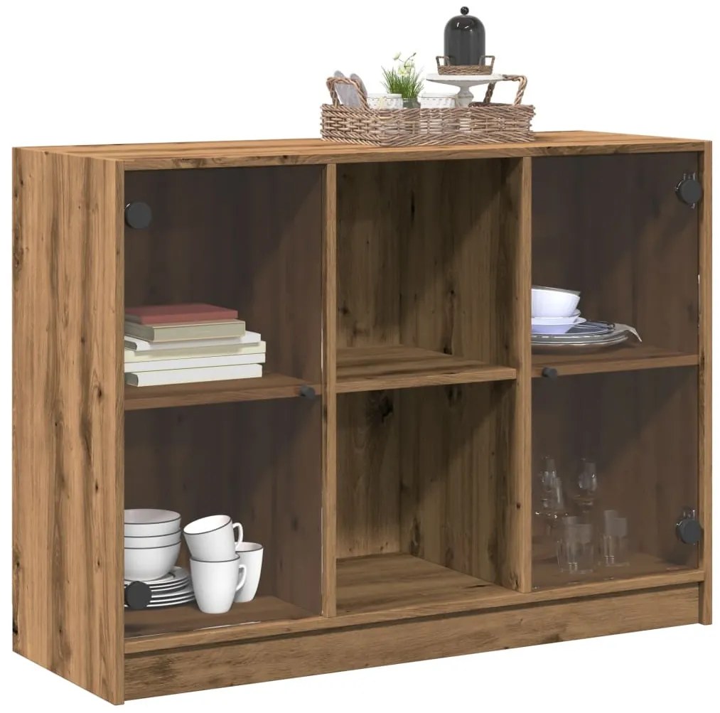 kézműves tölgy színű szerelt fa tálalószekrény 102x37x75,5 cm