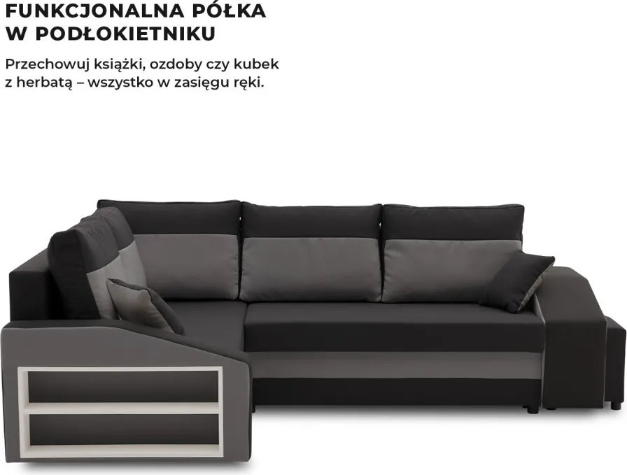 Grande sarokkanapé polcokkal és puffokkal , polc a bal karfaban puffok a jobb karfaban, baloldali, szövet anyag, hab töltet, fekete - szürke