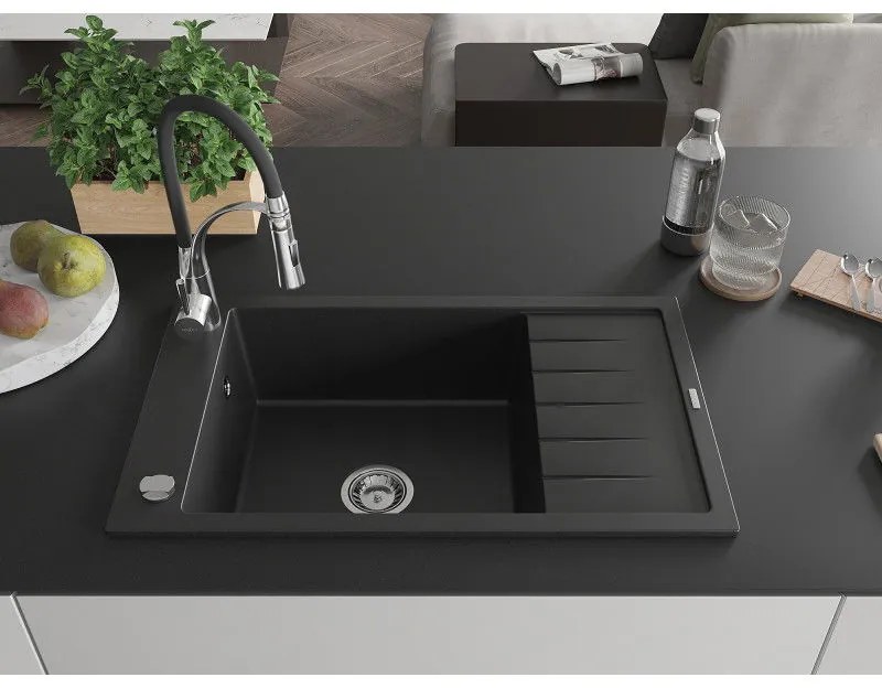Mexen Elias, 1 kamrás gránit mosogató 795x480x200 mm és Aster mosogató csaptelep, fekete, 6511-77-73450-07