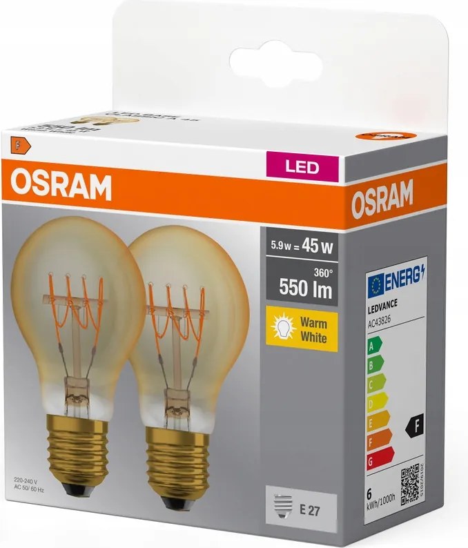 2x Led izzó A60 E27 5,9W 45W 550lm 2700K Meleg fehér Filament Osram