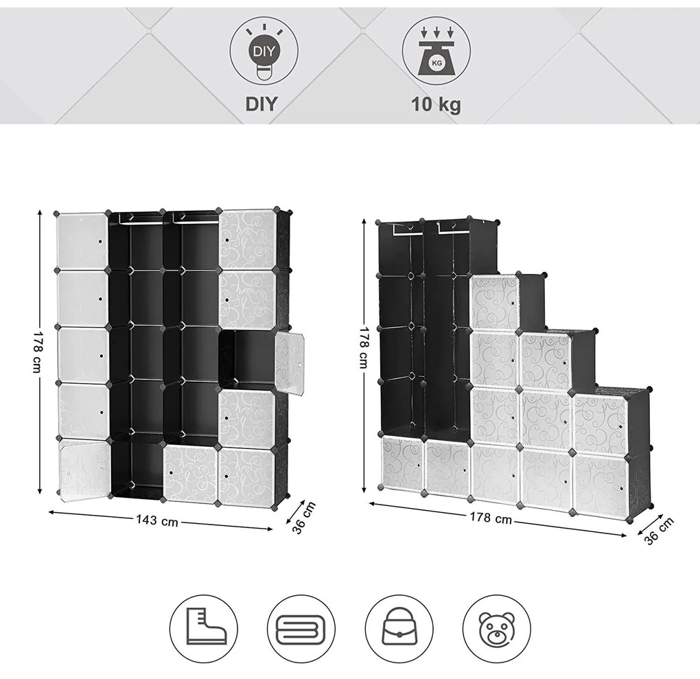 Gardrób 2 ruhatartó rúddal, moduláris kombinált szekrény, fekete