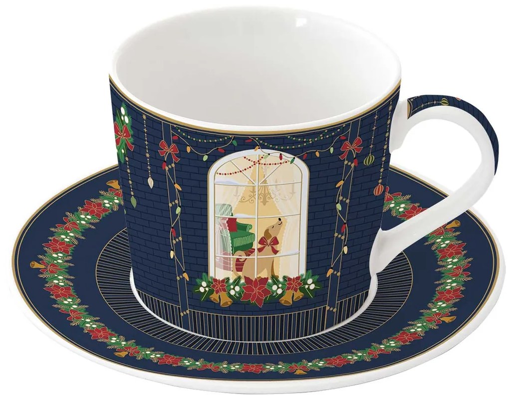 Karácsonyi porcelán reggeliző csésze + alj 380 ml díszdobozban Festive Avenue