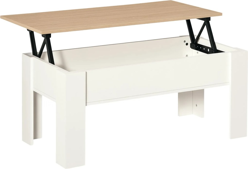 HomCom Emelhető Tetővel Bíró Dohányzóasztal Rejtett Tárolóhellyel 100x50x45-58.5 cm Fehér és Természetes | Aosom