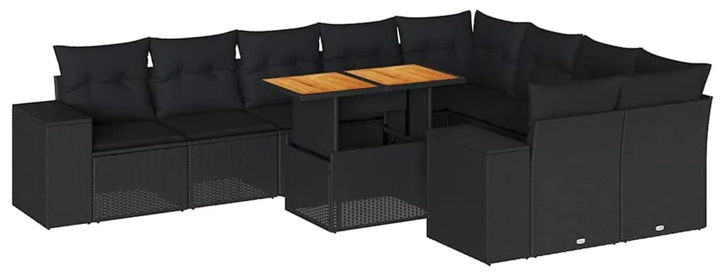 10 részes fekete polyrattan akácfa kerti ülőgarnitúra párnákkal