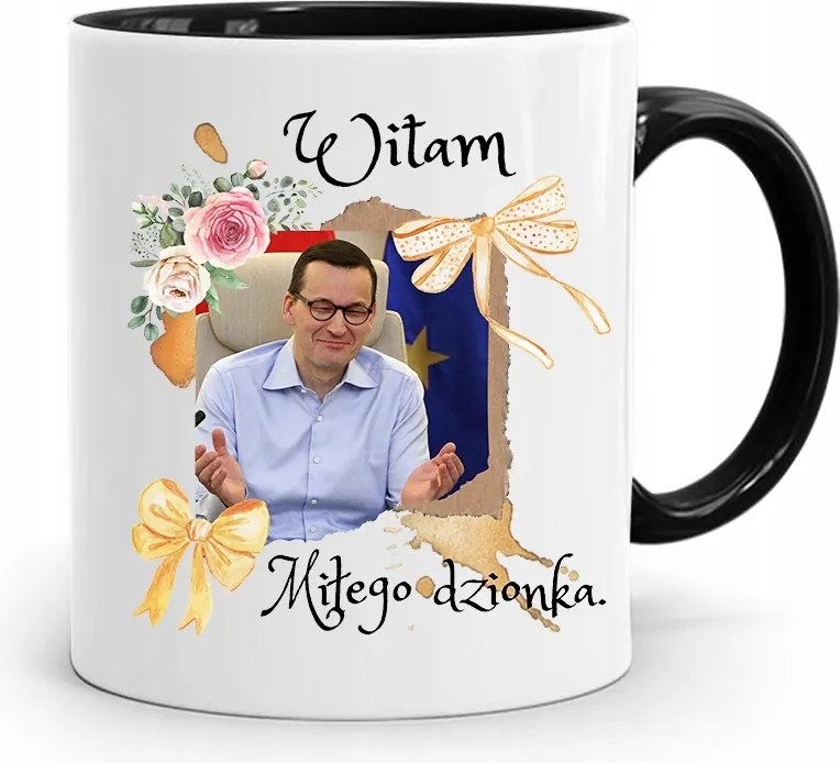 Fekete Politikus Bögre Mateusz Morawiecki Miniszterelnök fényképes nyomtatással