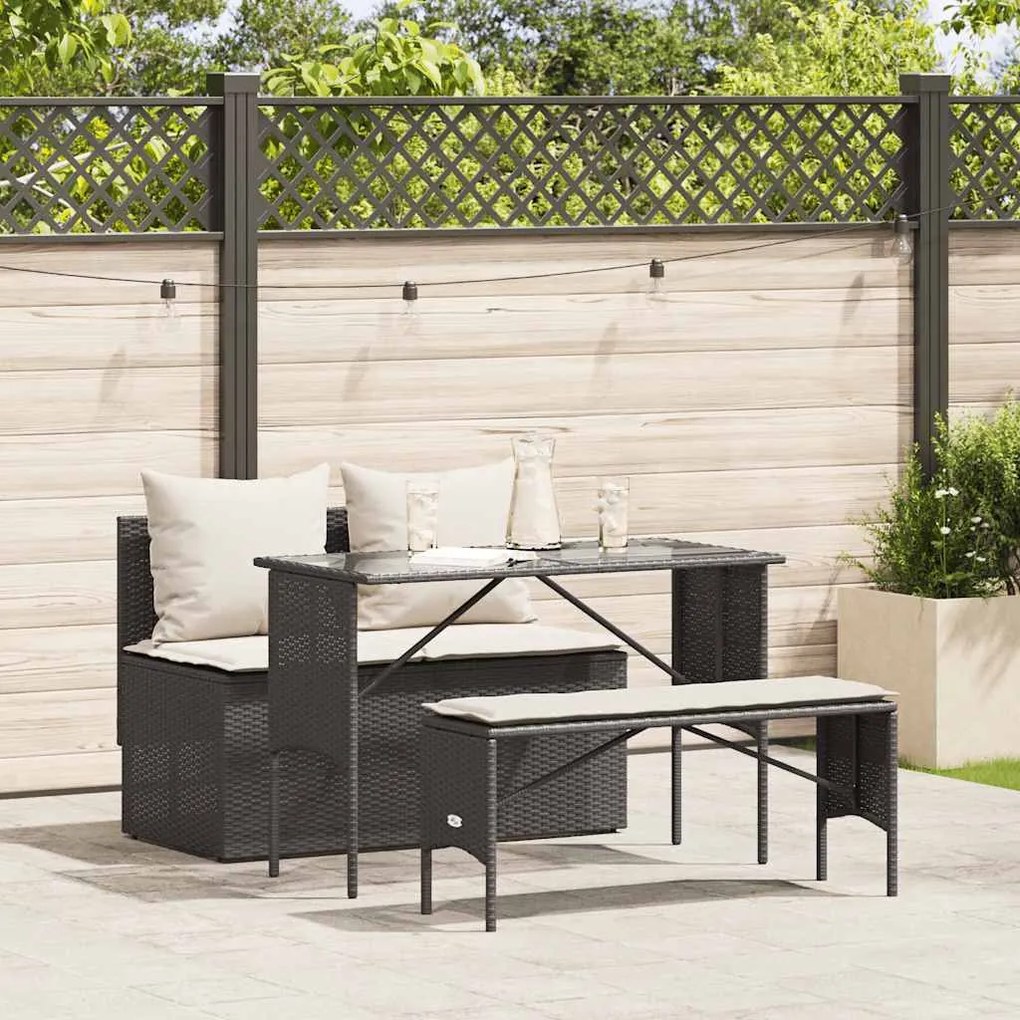 3 részes fekete polyrattan kerti étkezőgarnitúra párnákkal