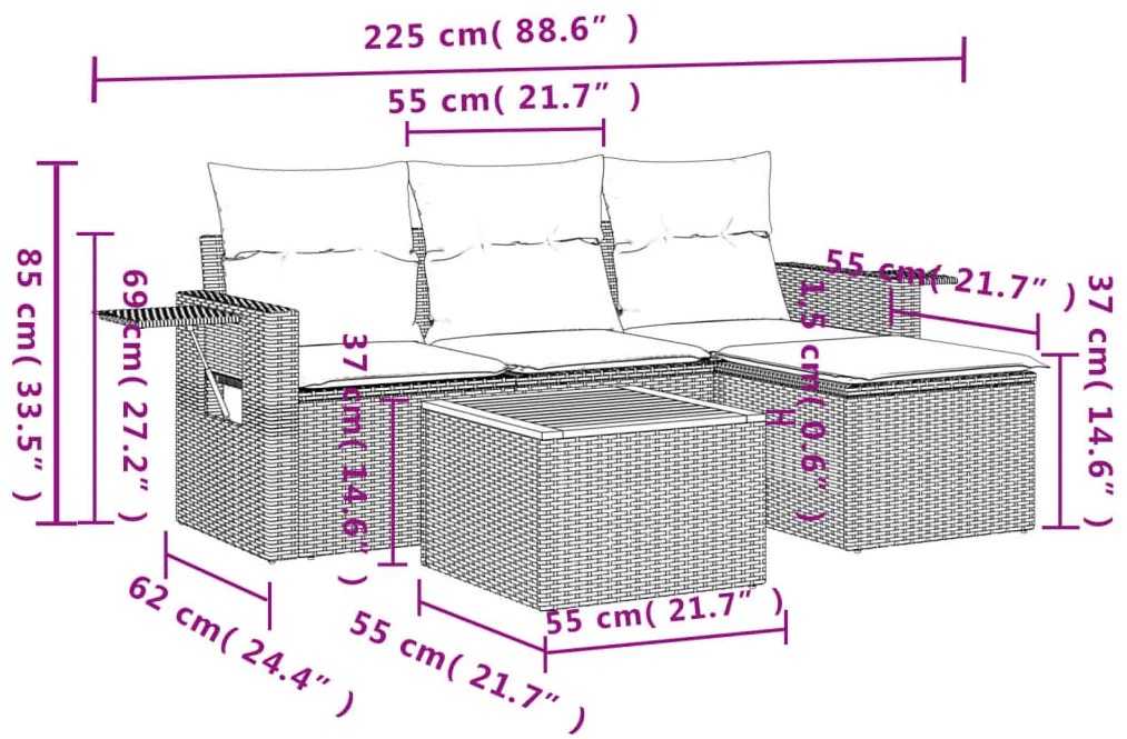 5 részes szürke polyrattan kerti ülőgarnitúra párnákkal