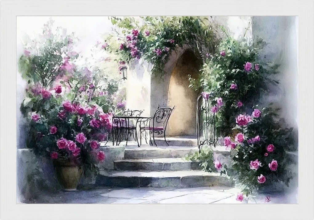 Poszter Keret Fa Ház Terasz Kert Lépcső Virágok Rózsák Nyár 60x40