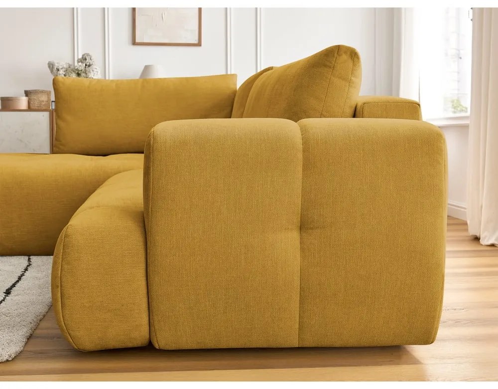 Mustársárga kinyitható-tárolóhelyes sarokkanapé (bal oldali-L alakú) Fuji – Bobochic Paris