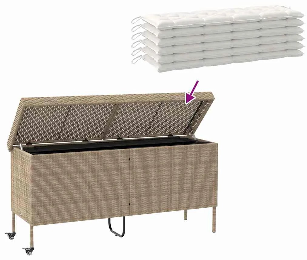 bézs polyrattan kerti tárolóláda kerekekkel 160x55x75 cm