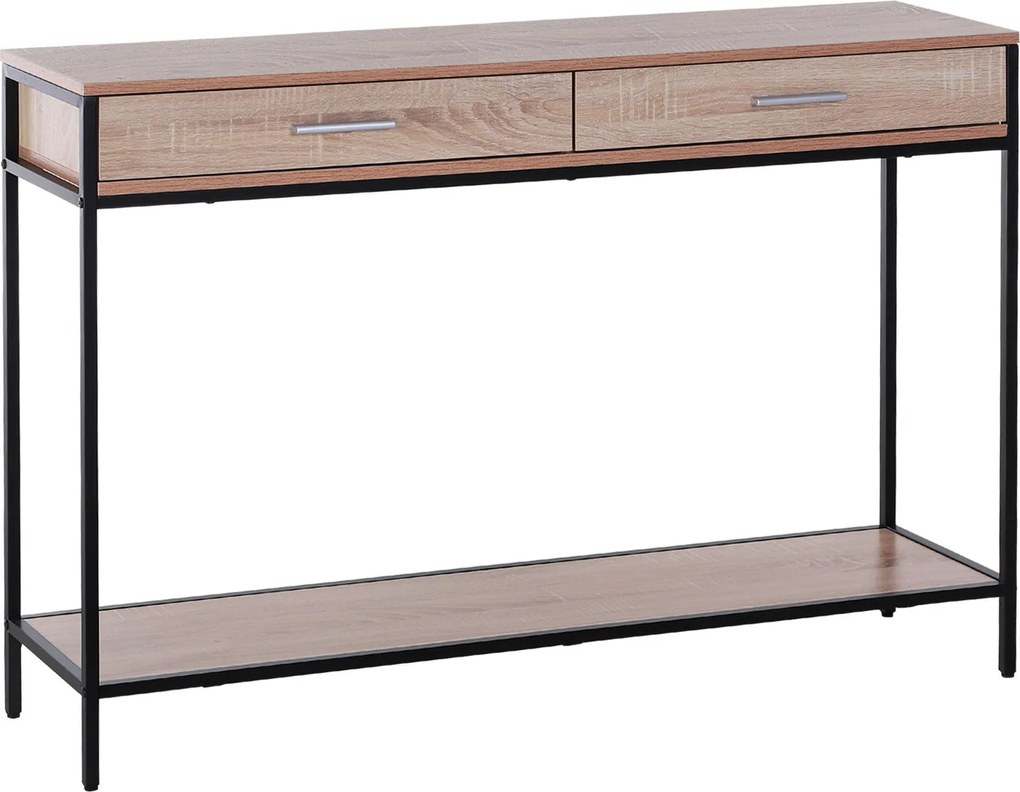 HOMCOM Ipari Stílusú Előtér Konszol Asztal Fiókokkal és Acél Szerkezettel 120x30x81.5 cm Tölgyfa | Aosom