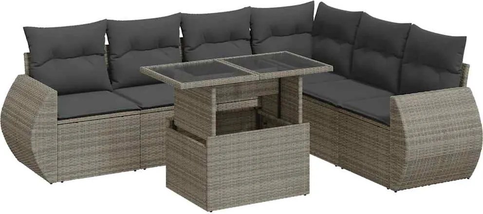 vidaXL 7 részes szürke polyrattan kerti ülőgarnitúra párnákkal