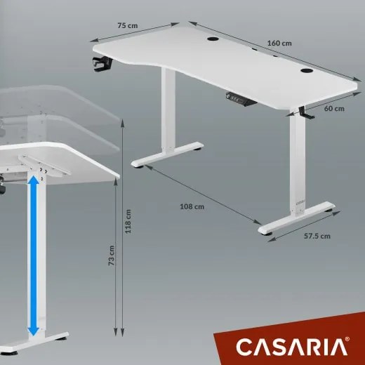 Casaria® Állítható magasságú irodai íróasztal fehér-160x75x118 cm