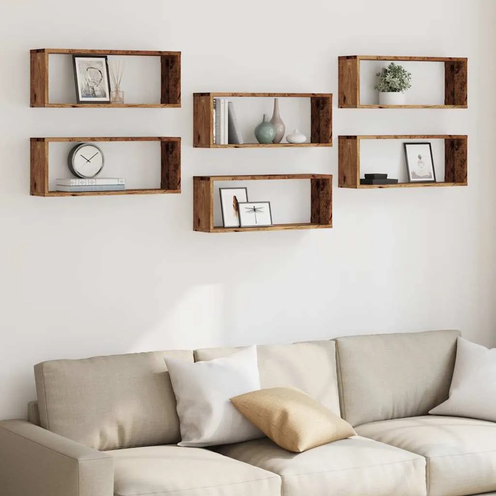6 db antik fa színű szerelt fa fali kockapolc 60 x 15 x 23 cm