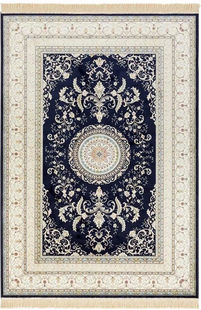 Hagyományos sötétkék-krém szőnyeg rojtokkal,Nouristan 195x300cm
