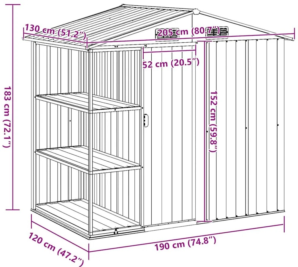 zöld vas kerti fészer állvánnyal 205 x 130 x 183 cm