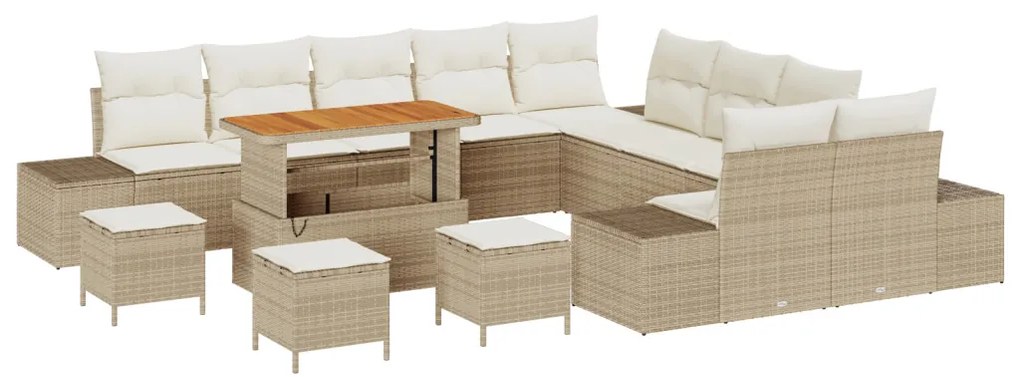 14 Darabos Kerti Sofa Szett Párnákkal Bézs Poli Rattan Akácia, 2-Fős Kerti Sofa Párnákkal Bézs Poli Rattan, 4 Darabos Kerti Étkező Szett Párnákkal Bézs Poli Rattan Akácia