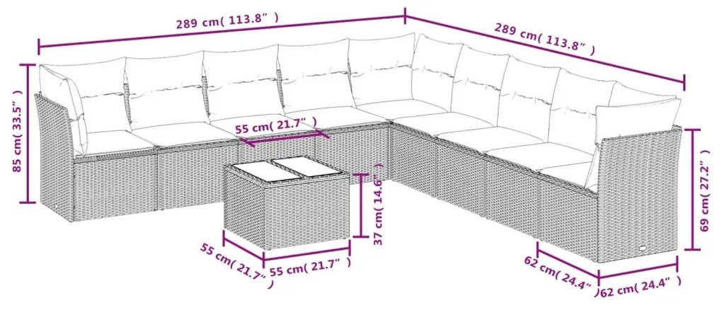 10 részes fekete polyrattan kerti ülőgarnitúra párnákkal