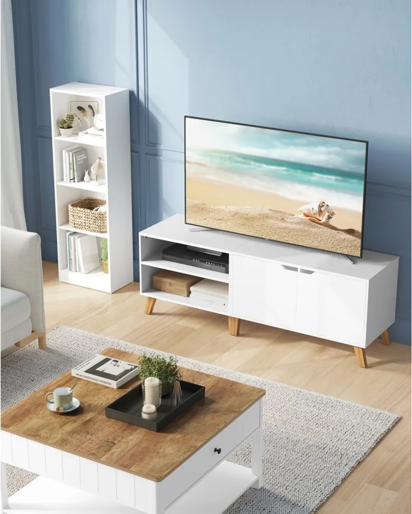 TV szekrény, 2 ajtóval, polcokkal, fehér 140x40x45cm