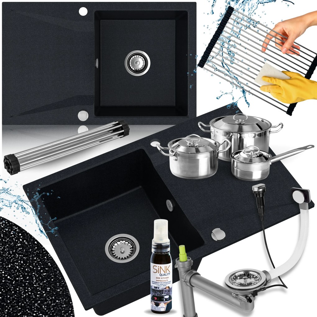 Egymedencés Mosogató Fekete Metál Gránit Szifon Auto Rolmata 8el.