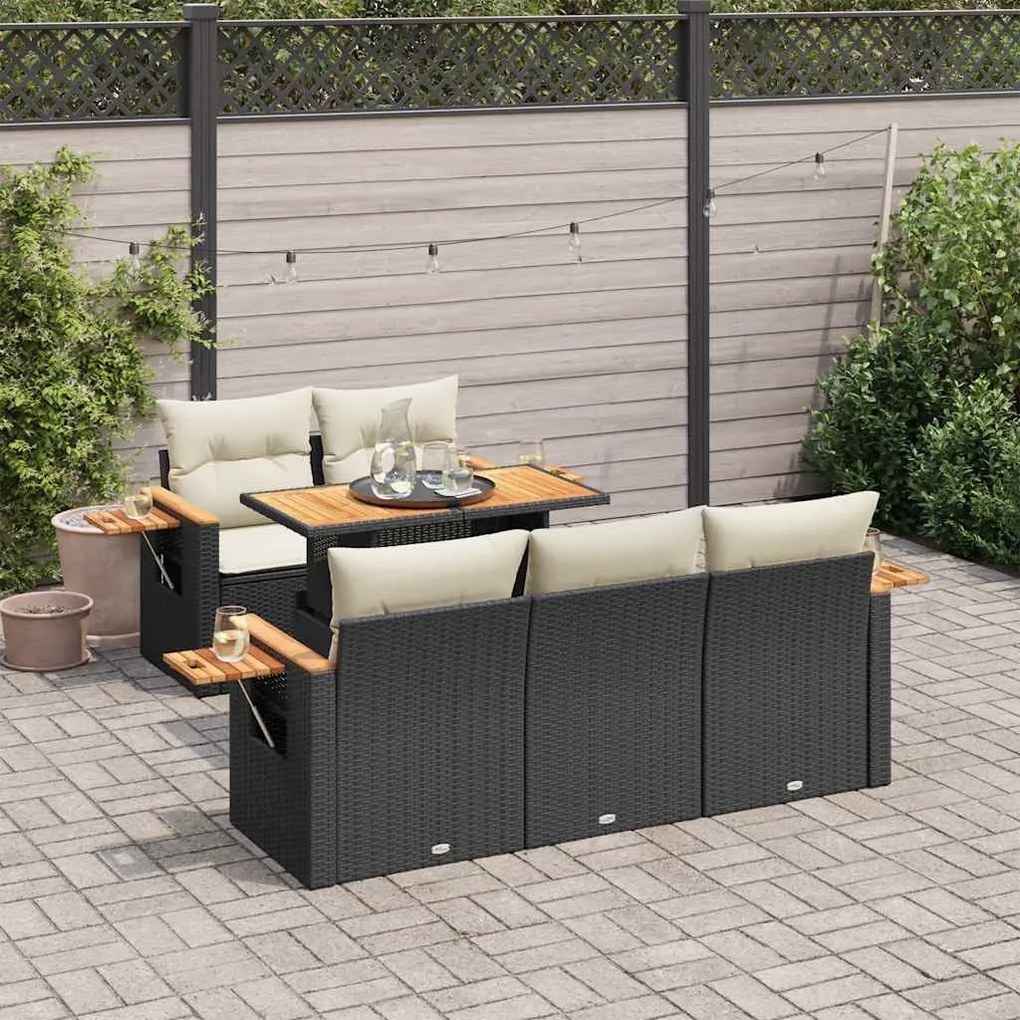 6 részes fekete polyrattan akácfa kerti ülőgarnitúra párnákkal