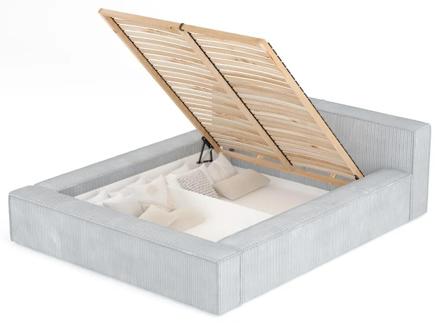 Világosszürke kárpitozott ágyneműtartós franciaágy ágyráccsal 200x200 cm Voliera – Maison de Rêve