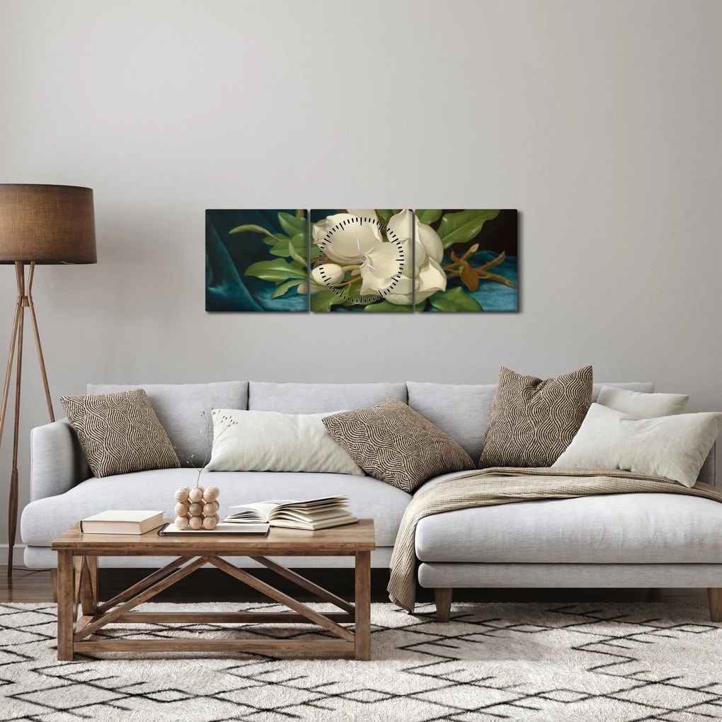 Kép - Martin Johnson Heade, Giant Magnolias on a Blue Velvet Cloth, reprodukciók (órával) (90x30 cm)