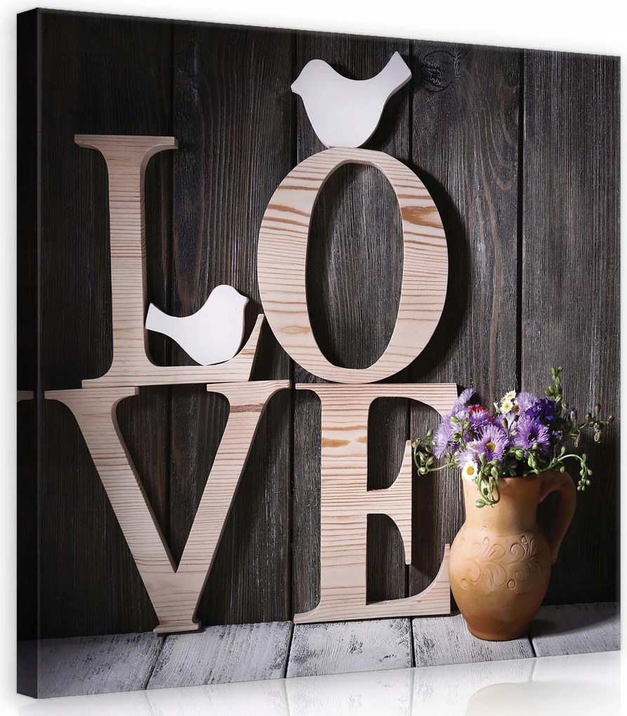 Vászonkép 40x40 Szerelem madarak virágok fa betűk meghittség romantika