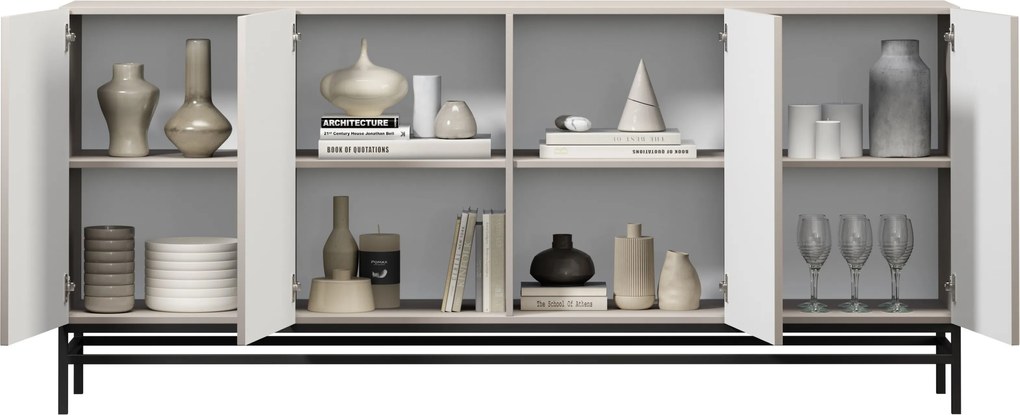 Lorini négyajtós komód 200 cm - kasmír / fekete fogantyúk / fém lábak