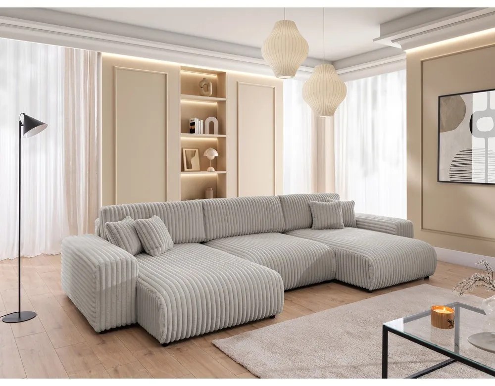 Világosszürke kordbársony kinyitható-tárolóhelyes sarokkanapé (U alakú) Sarina – Ropez