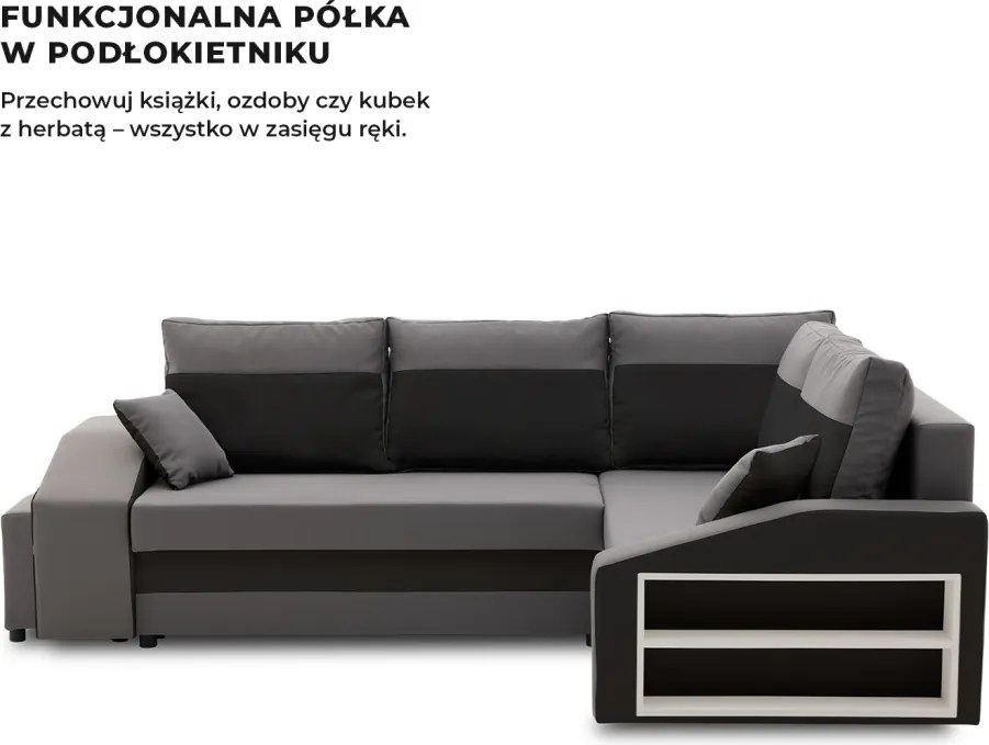 Grande sarokkanapé polcokkal és puffokkal , polc a jobb karfaban puffok a bal karfaban, jobboldali, szövet anyag, hab töltet, szürke - fekete
