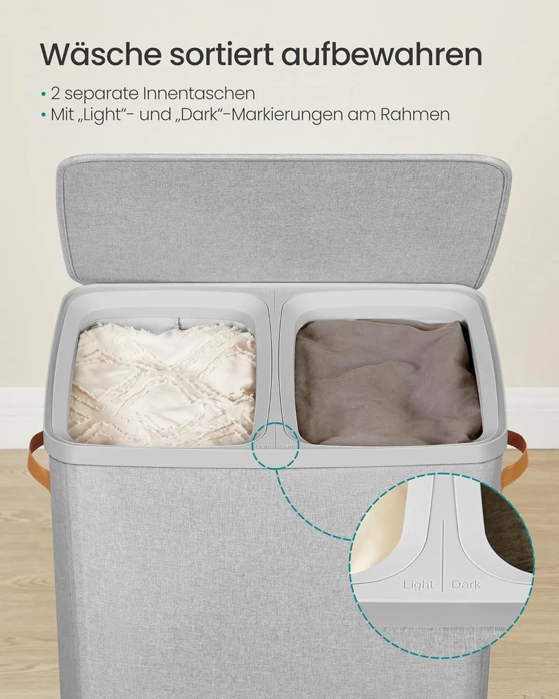 SONGMICS szennyestartó kosár 170 L, 56 × 40 × 75 cm, szürke