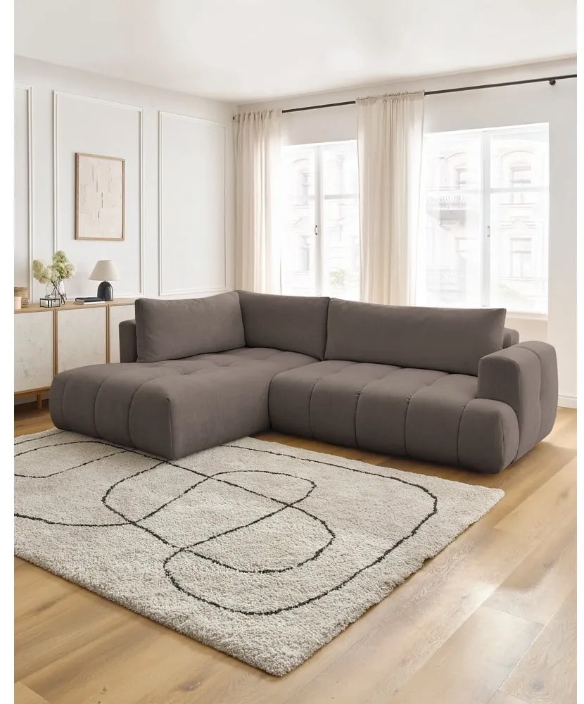 Szürkésbarna kinyitható-tárolóhelyes sarokkanapé (bal oldali-L alakú) Fuji – Bobochic Paris